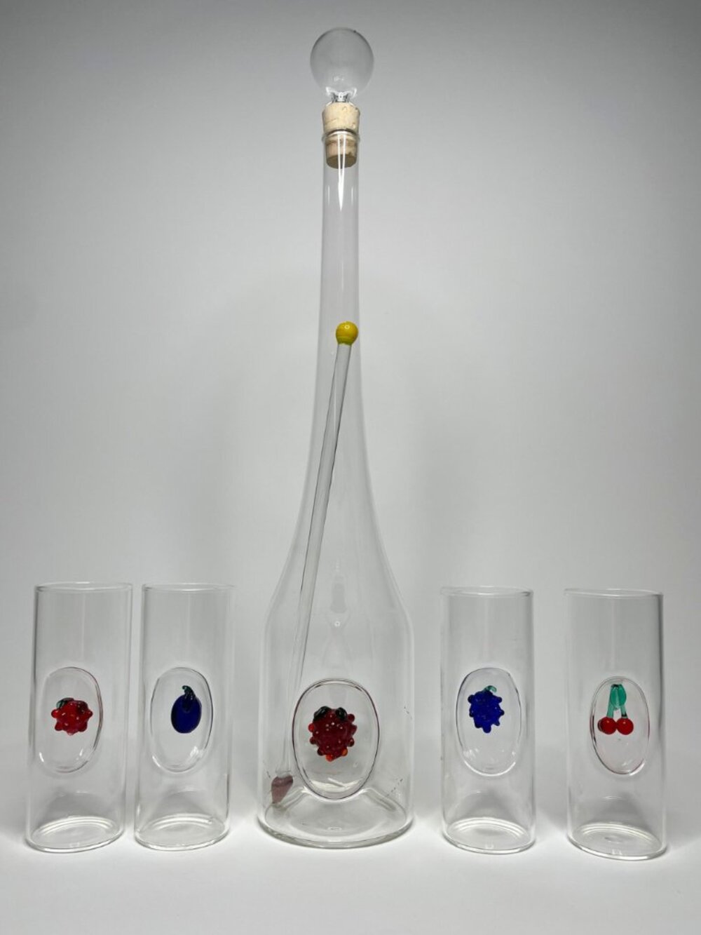 1970s Fruit Motif Glass Decanter Set